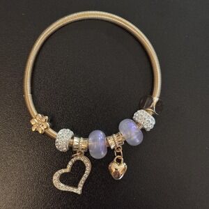 D'Bello Bracelet Gold Tone Charm Beaded Lavender Glass Hearts Womens Rhinestone
